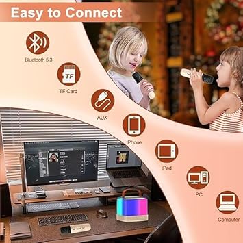 PEETTA Mini Karaoke Machine for Kids and Adults, Portable Bluetooth Karaoke Speaker, Mini Karaoke Machine with 2 Wireless Microphones and Led Lights, Birthday Gifts Toys for Girls Boys Family (Beige)
