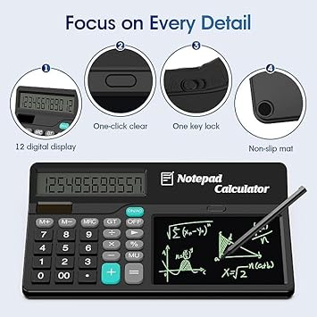 PEETTA Calculator with Notepad 12 Digits Large Display, Touch Comfortable Calculator Big Buttons, Support Solar and Battery for Office, School, Home & Business