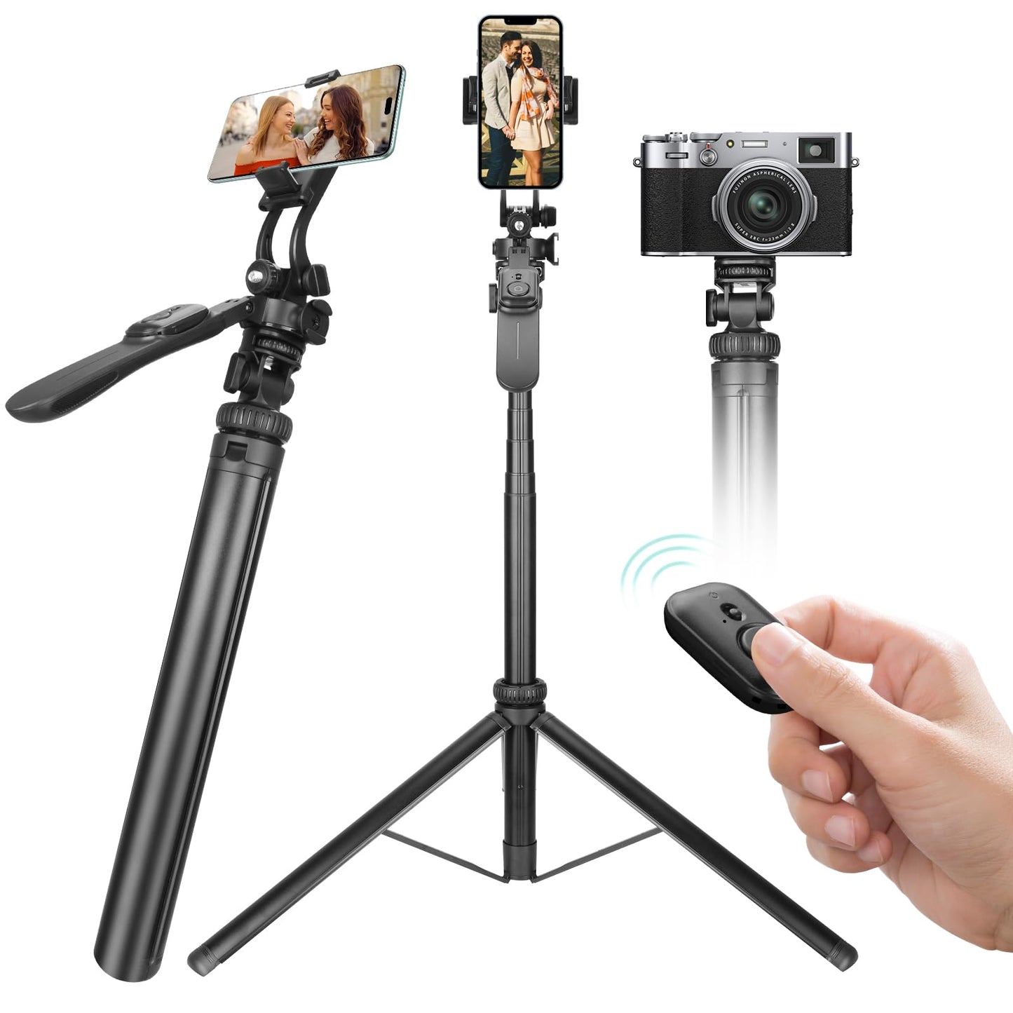 Phone Tripod & Stable Selfie Stick for iOS & Android, Extendable Cell Phone Tripod with Wireless Remote & Phone Holder, 360° Rotating Tripod Stand for Travel, Recording, Camera, Live Streaming