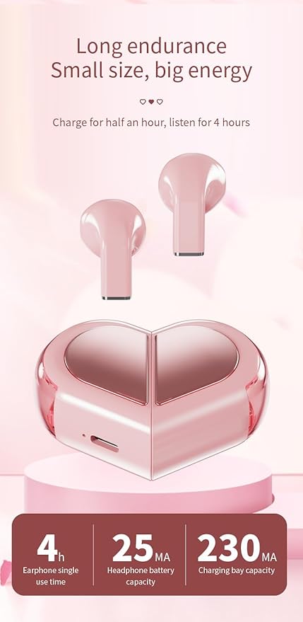 Pink Heart Wireless Earbuds for Girls Kids, Cute Mini Tiny Small Invisible Earbuds Wireless Bluetooth for Small Ears Canals Women Rose Gold Kawai Blue Tooth Ear Buds for iPhone Android