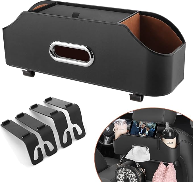 PEETTA Car Seat Back Organizer - Stylish & Functional Storage for Family Adventures - Cup Holders, Tissue Box & Hooks - Perfect for Kids, Road Trips & Travel (Black)