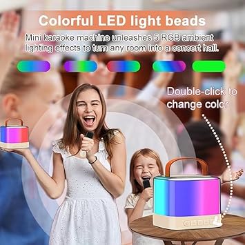 PEETTA Mini Karaoke Machine for Kids and Adults, Portable Bluetooth Karaoke Speaker, Mini Karaoke Machine with 2 Wireless Microphones and Led Lights, Birthday Gifts Toys for Girls Boys Family (Beige)