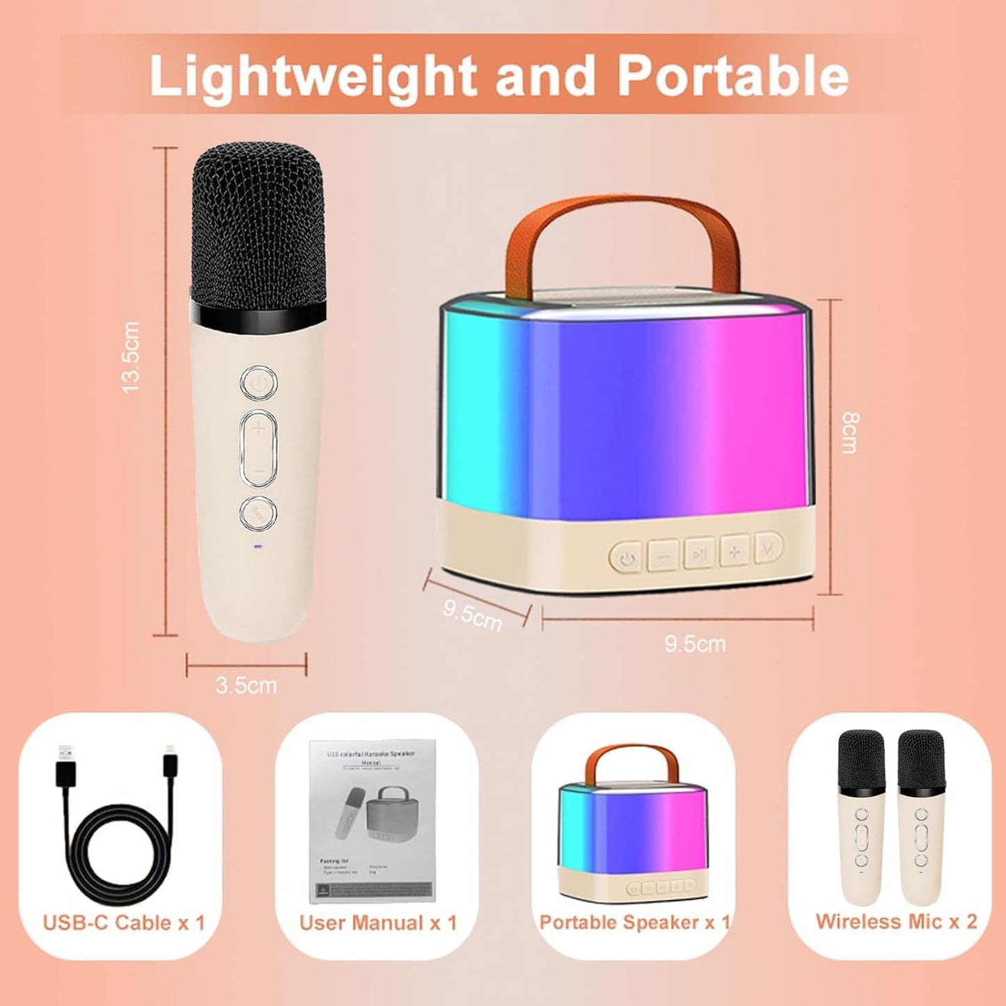 PEETTA Mini Karaoke Machine for Kids and Adults, Portable Bluetooth Karaoke Speaker, Mini Karaoke Machine with 2 Wireless Microphones and Led Lights, Birthday Gifts Toys for Girls Boys Family (Beige)