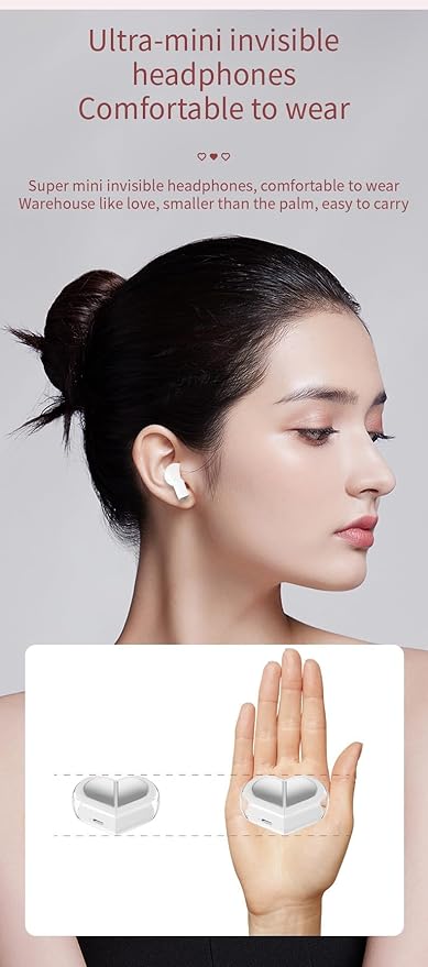 Pink Heart Wireless Earbuds for Girls Kids, Cute Mini Tiny Small Invisible Earbuds Wireless Bluetooth for Small Ears Canals Women Rose Gold Kawai Blue Tooth Ear Buds for iPhone Android