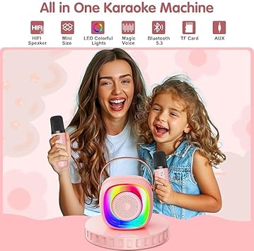 PEETTA Kids Karaoke Machine with Microphones, Portable Speaker with Rainbow Lights, Pink