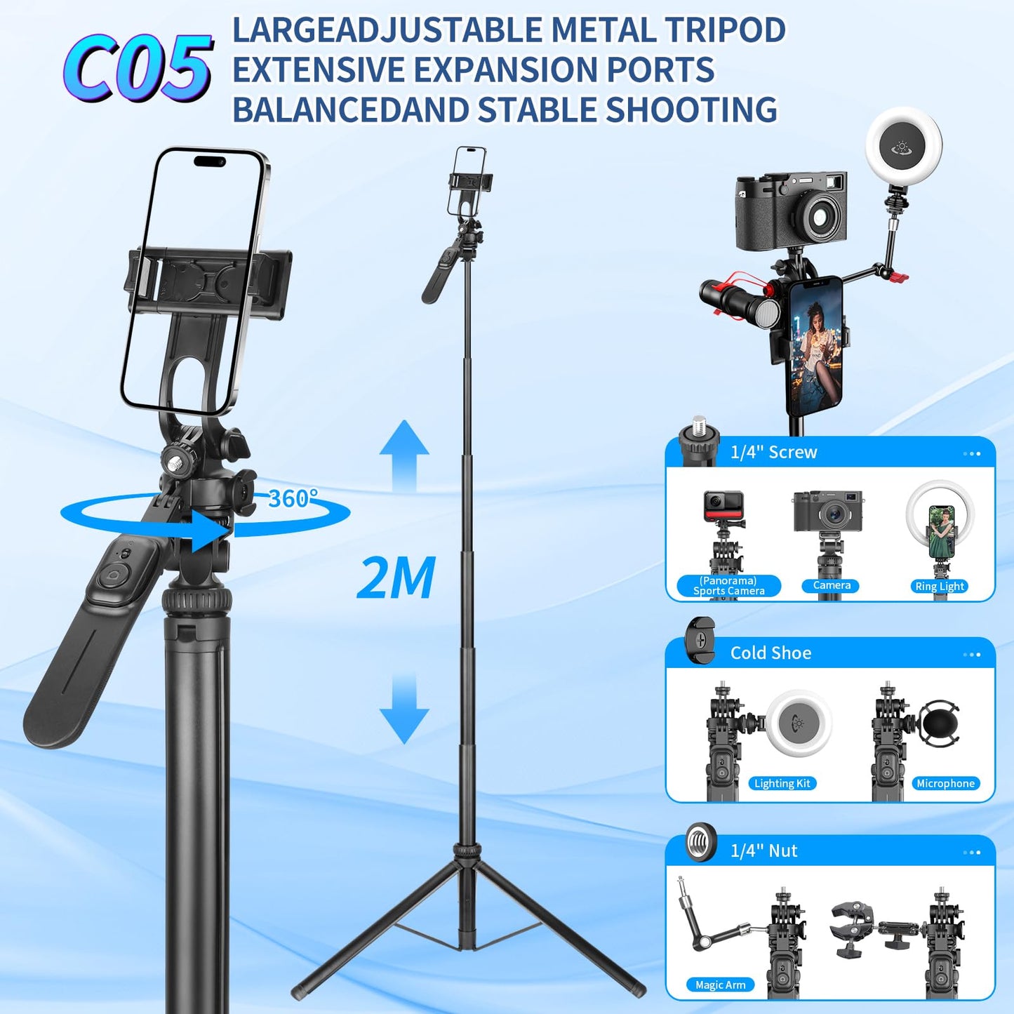 Phone Tripod & Stable Selfie Stick for iOS & Android, Extendable Cell Phone Tripod with Wireless Remote & Phone Holder, 360° Rotating Tripod Stand for Travel, Recording, Camera, Live Streaming