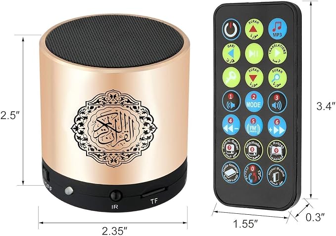 Digital Quran Player,Quran Speaker with Remote Control,USB Rechargeable Speaker,Remote Control Speaker Portable,8GB TF FM Quran Translator, Over 18 Reciters,15 Translations Available(Gold)