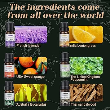6pcs x 10 mL Essential Oils Suit Water Soluble Aromatherapy Essential Oil (Sandalwood& Sweet Orange& Lavender& Eucalyptus& Lemon& Mint) Oil for Humidifier Aroma Diffuser