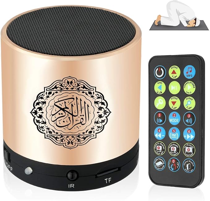 Digital Quran Player,Quran Speaker with Remote Control,USB Rechargeable Speaker,Remote Control Speaker Portable,8GB TF FM Quran Translator, Over 18 Reciters,15 Translations Available(Gold)