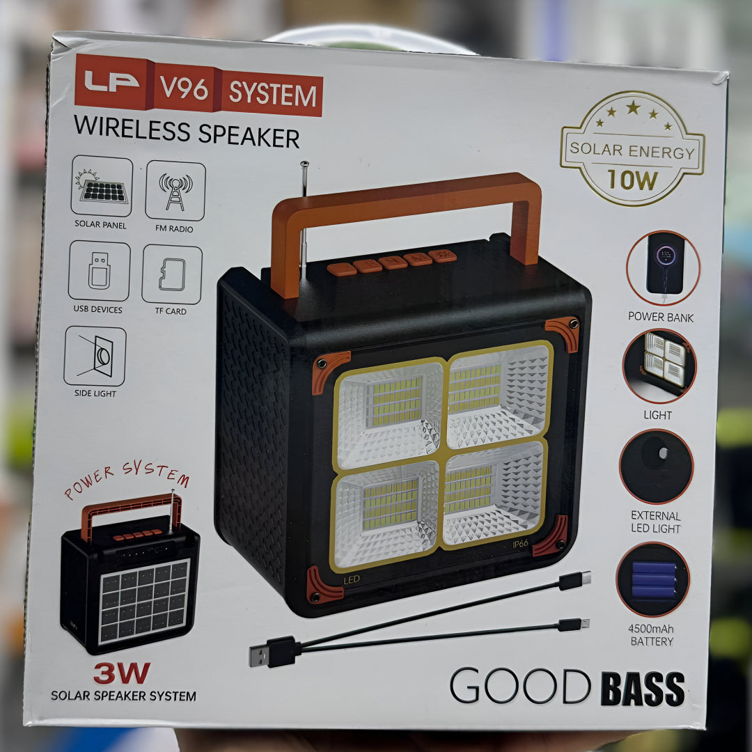 LP V96 Outdoor Solar Bluetooth Speaker with 10W Power, Flashlight, Power Bank & FM Radio – 4500mAh Battery