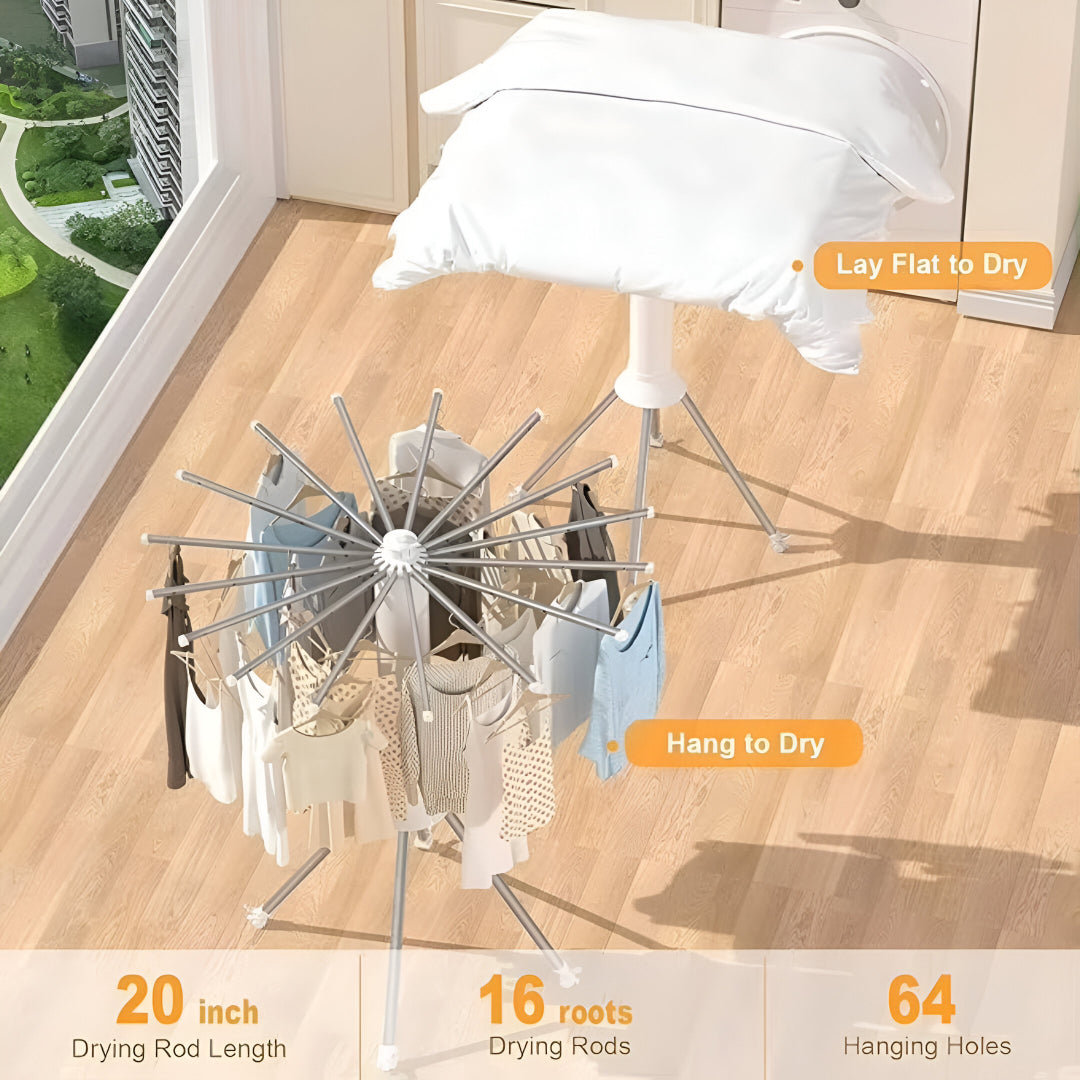 360° Rotating Foldable Clothes Drying Rack – Heavy-Duty Portable Laundry Stand with Wheels for Indoor & Outdoor Use