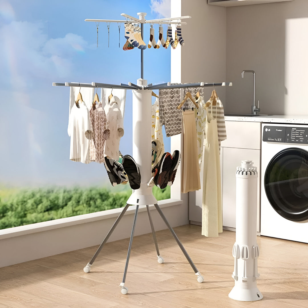 360° Rotating Foldable Clothes Drying Rack – Heavy-Duty Portable Laundry Stand with Wheels for Indoor & Outdoor Use