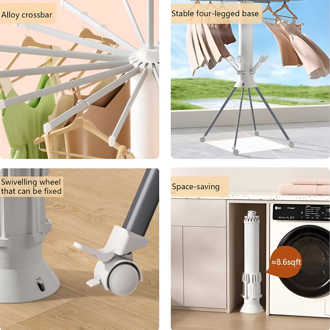 360° Rotating Foldable Clothes Drying Rack – Heavy-Duty Portable Laundry Stand with Wheels for Indoor & Outdoor Use