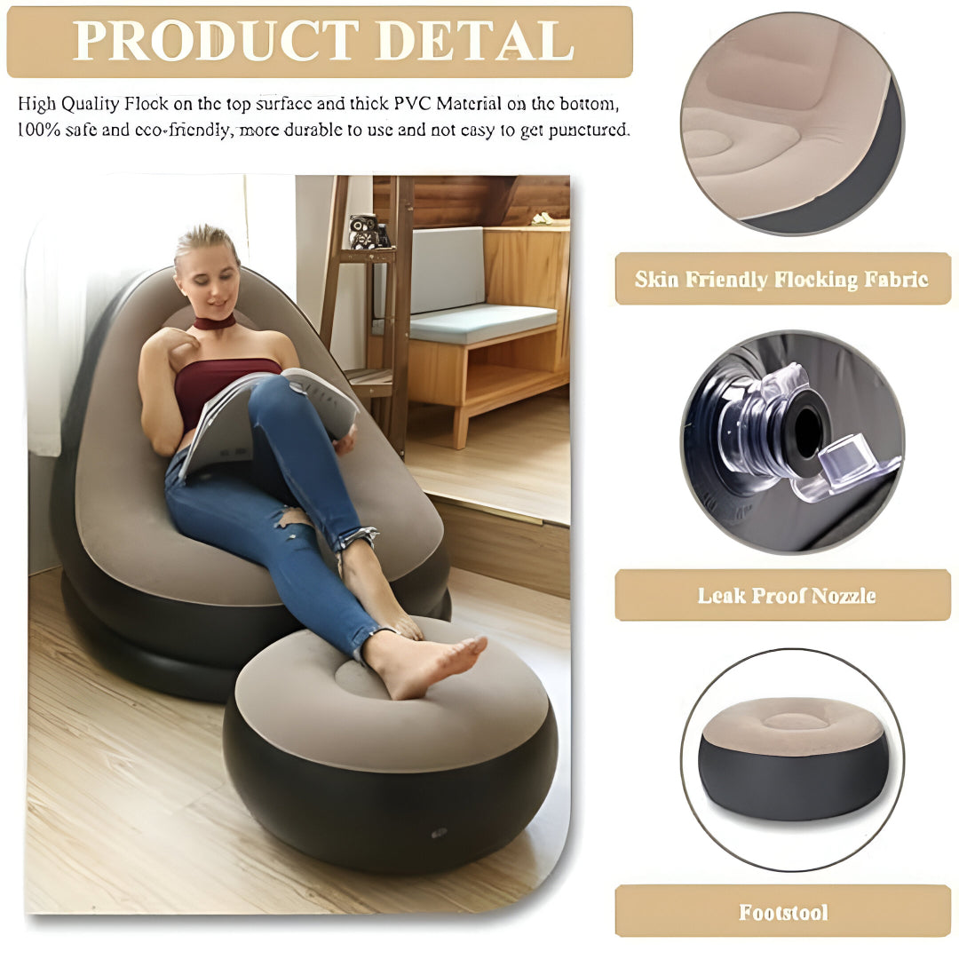 2-Piece Inflatable Lounge Chair & Ottoman Set – Portable Lazy Air Sofa for Indoor & Outdoor Relaxation | Ideal for Living Room, Bedroom, Balcony, Camping & More