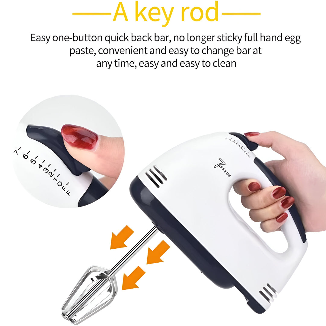 7-Speed Electric Hand Mixer – Portable Egg Beater, Dough Kneader & Cream Whipper with Stainless Steel Beaters & Hooks