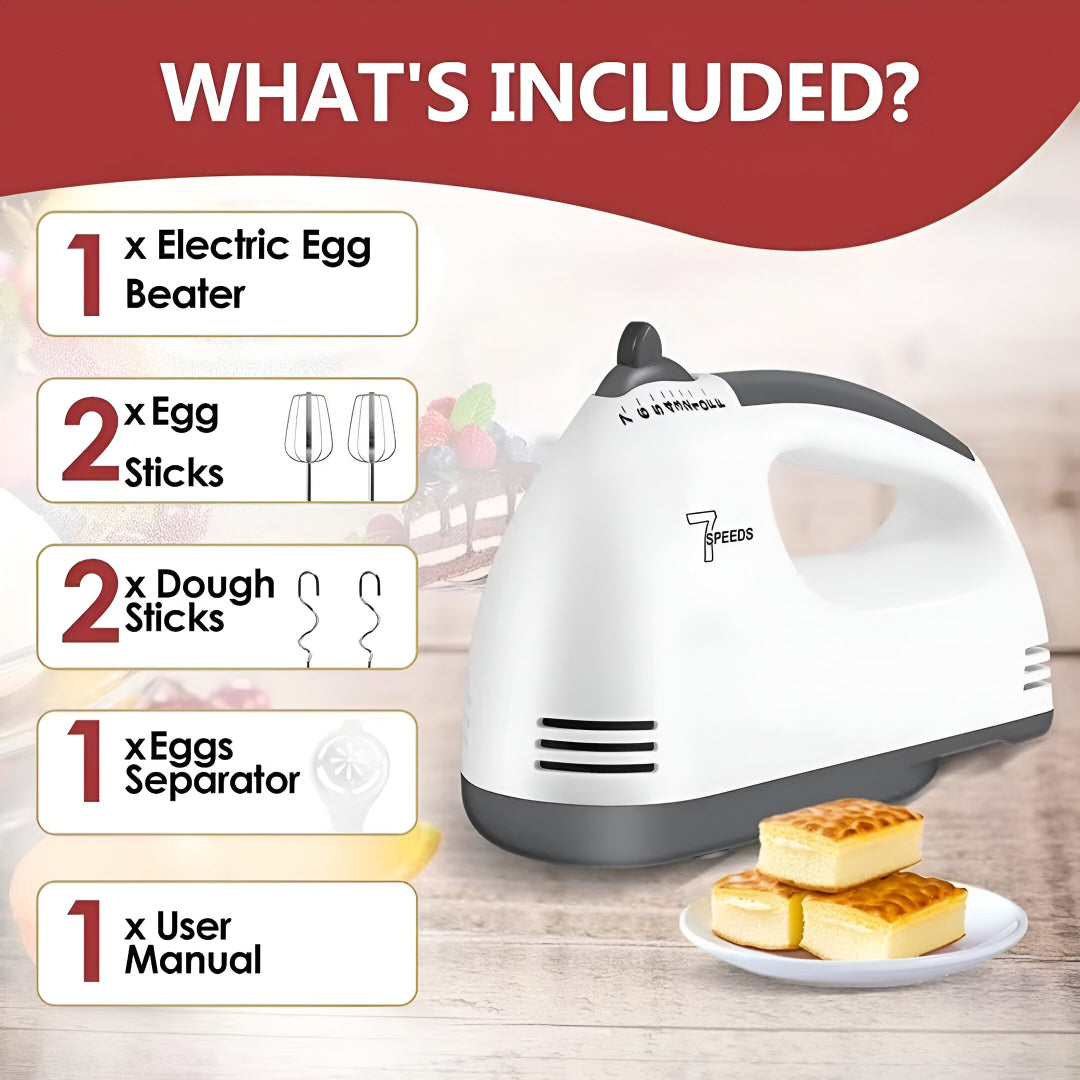 7-Speed Electric Hand Mixer – Portable Egg Beater, Dough Kneader & Cream Whipper with Stainless Steel Beaters & Hooks