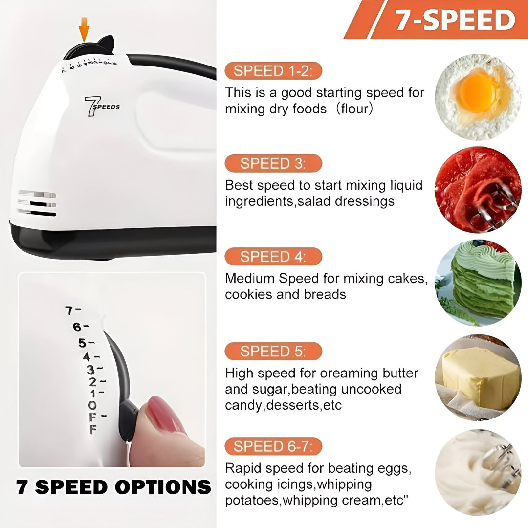 7-Speed Electric Hand Mixer – Portable Egg Beater, Dough Kneader & Cream Whipper with Stainless Steel Beaters & Hooks