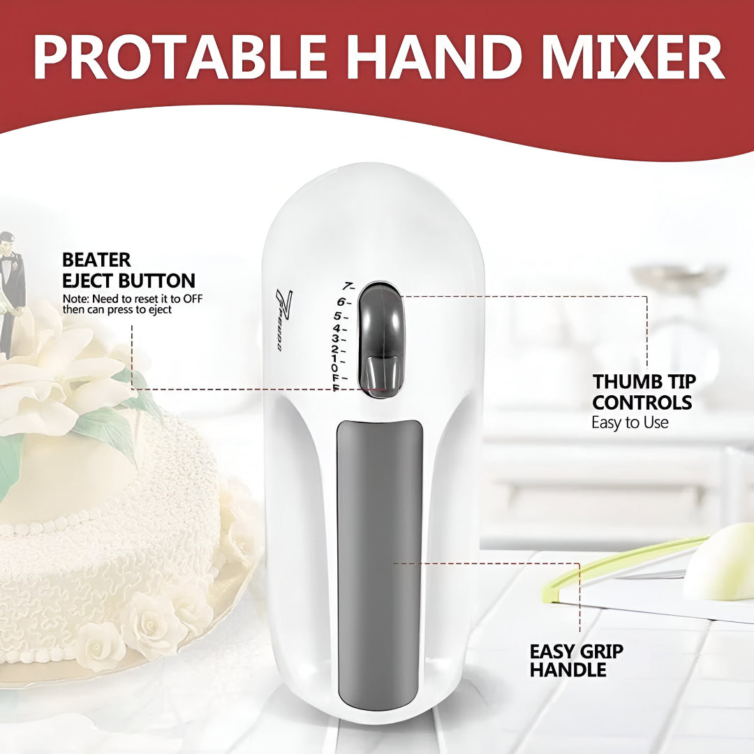 7-Speed Electric Hand Mixer – Portable Egg Beater, Dough Kneader & Cream Whipper with Stainless Steel Beaters & Hooks