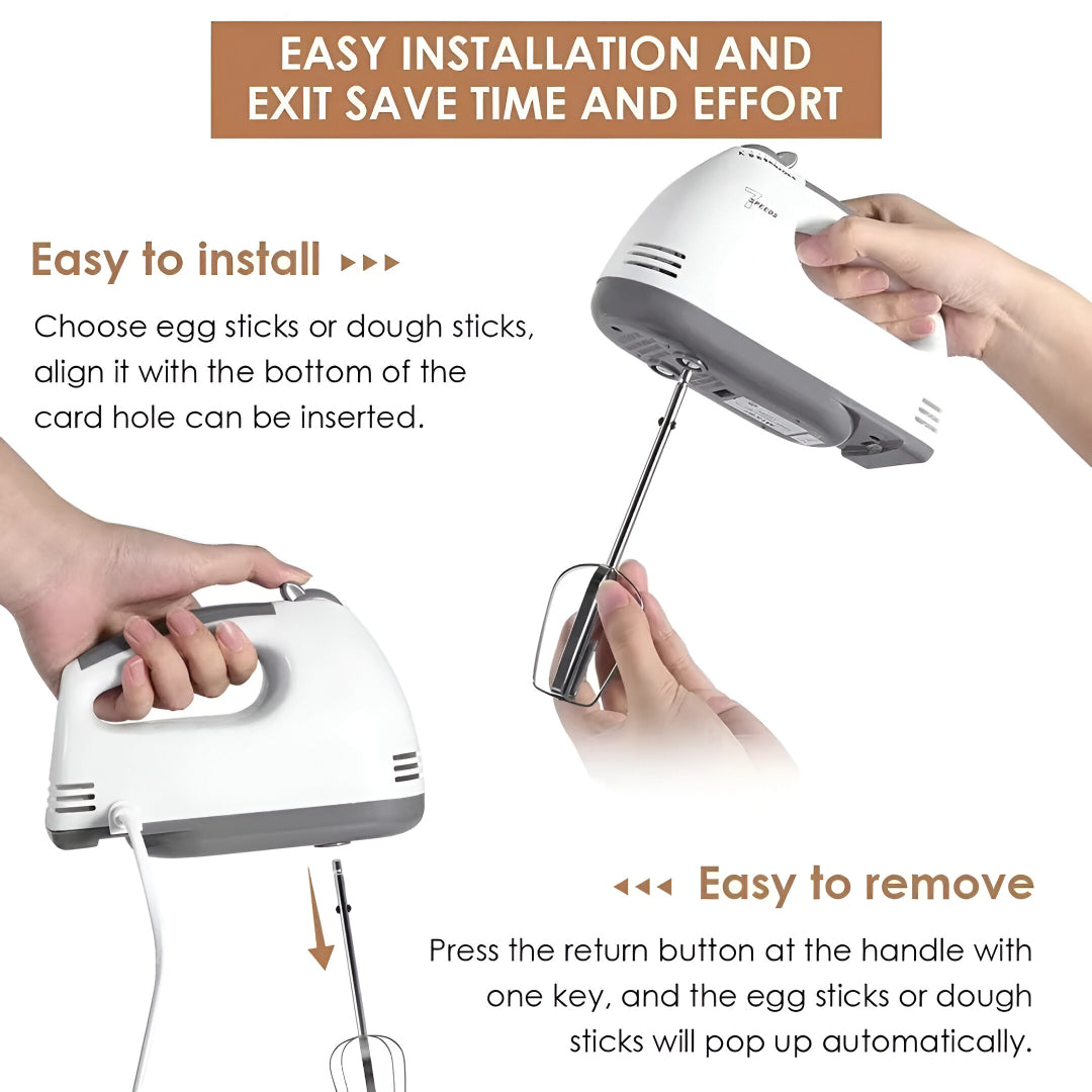7-Speed Electric Hand Mixer – Portable Egg Beater, Dough Kneader & Cream Whipper with Stainless Steel Beaters & Hooks