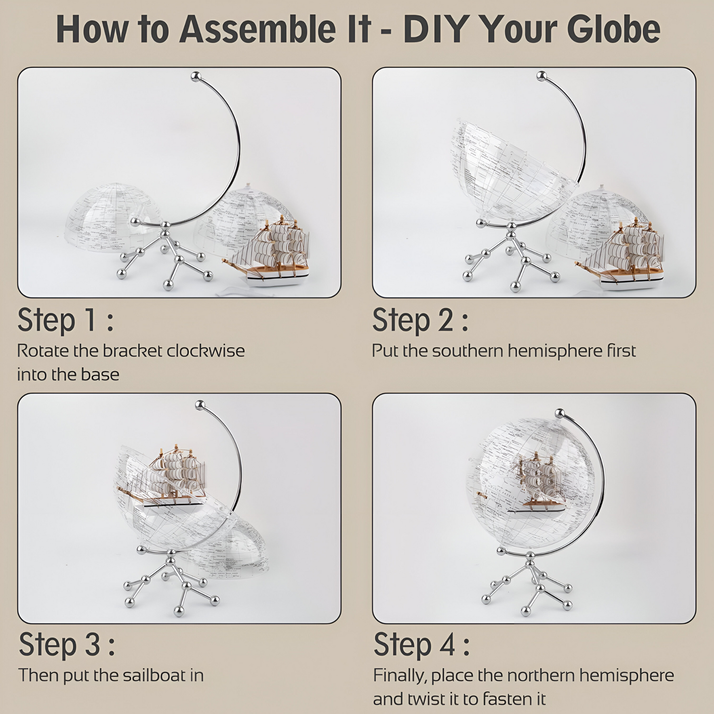 Transparent Illuminated World Globe with Sailboat – 8" Diameter Decorative Desktop Globe