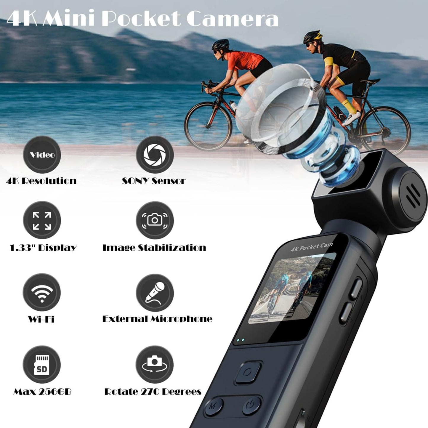 4K Body Camera with External Microphone | Mini Pocket Video & Audio Cam | 270° Rotating Lens, WiFi, Image Stabilization | Action Camera for Outdoor Sports, Travel & Law Enforcement