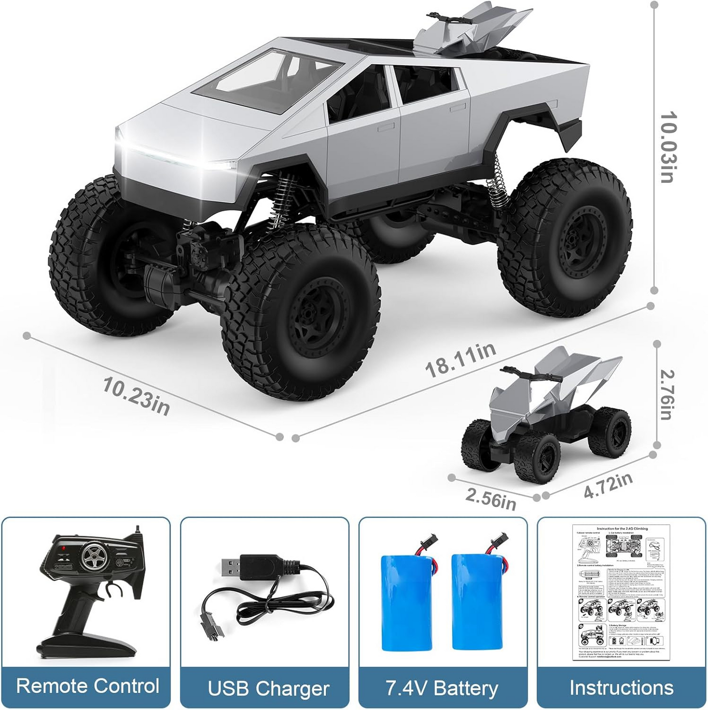 RC Cybertruck Monster Truck | 1:8 Scale, 4WD All-Terrain Vehicle with LED Lights and 2 Rechargeable Batteries