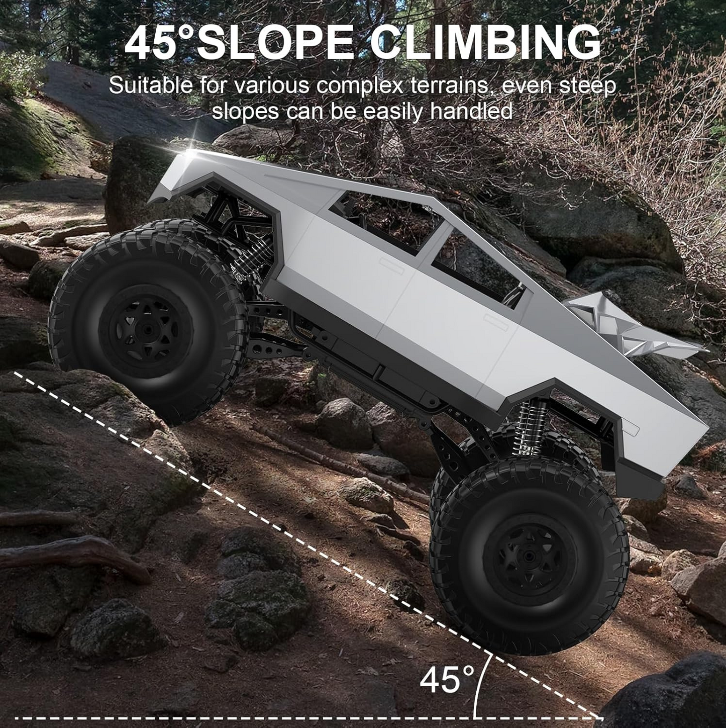 RC Cybertruck Monster Truck | 1:8 Scale, 4WD All-Terrain Vehicle with LED Lights and 2 Rechargeable Batteries
