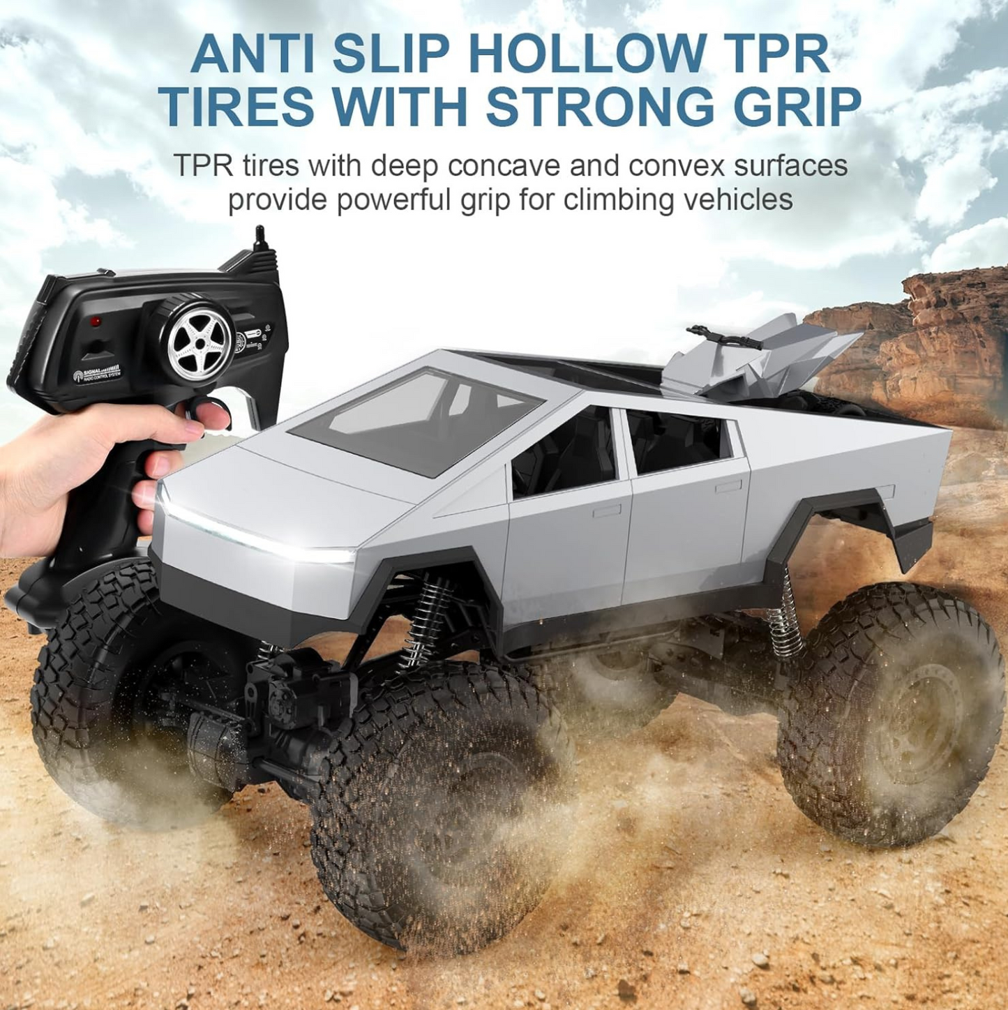 RC Cybertruck Monster Truck | 1:8 Scale, 4WD All-Terrain Vehicle with LED Lights and 2 Rechargeable Batteries