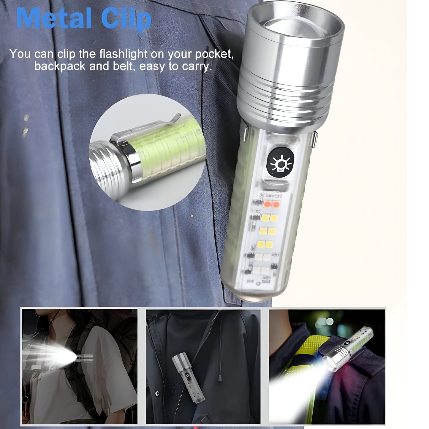 Multifunctional Zoom Flashlight | Rechargeable Zoomable Torch with 8 Modes, Solar & Type-C Fast Charging