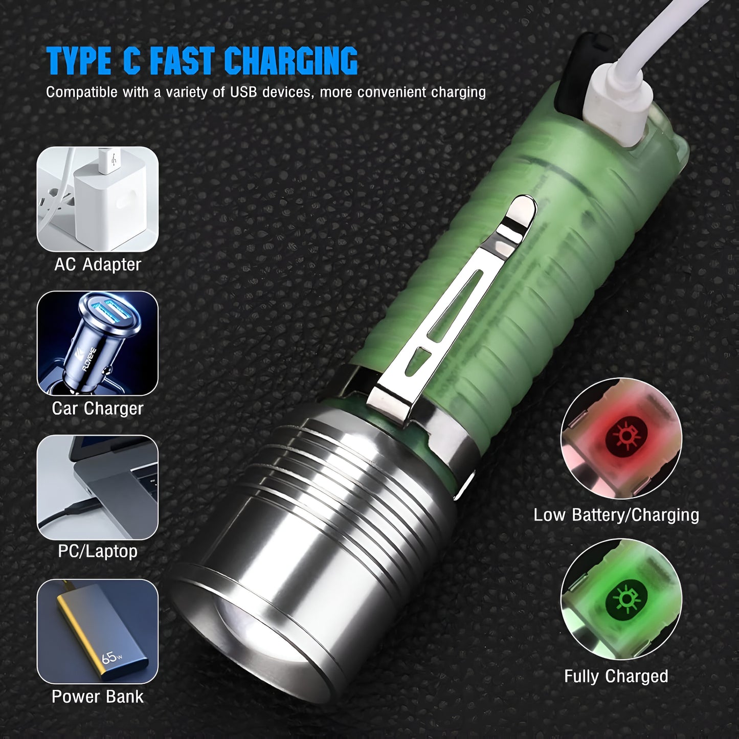 Multifunctional Zoom Flashlight | Rechargeable Zoomable Torch with 8 Modes, Solar & Type-C Fast Charging