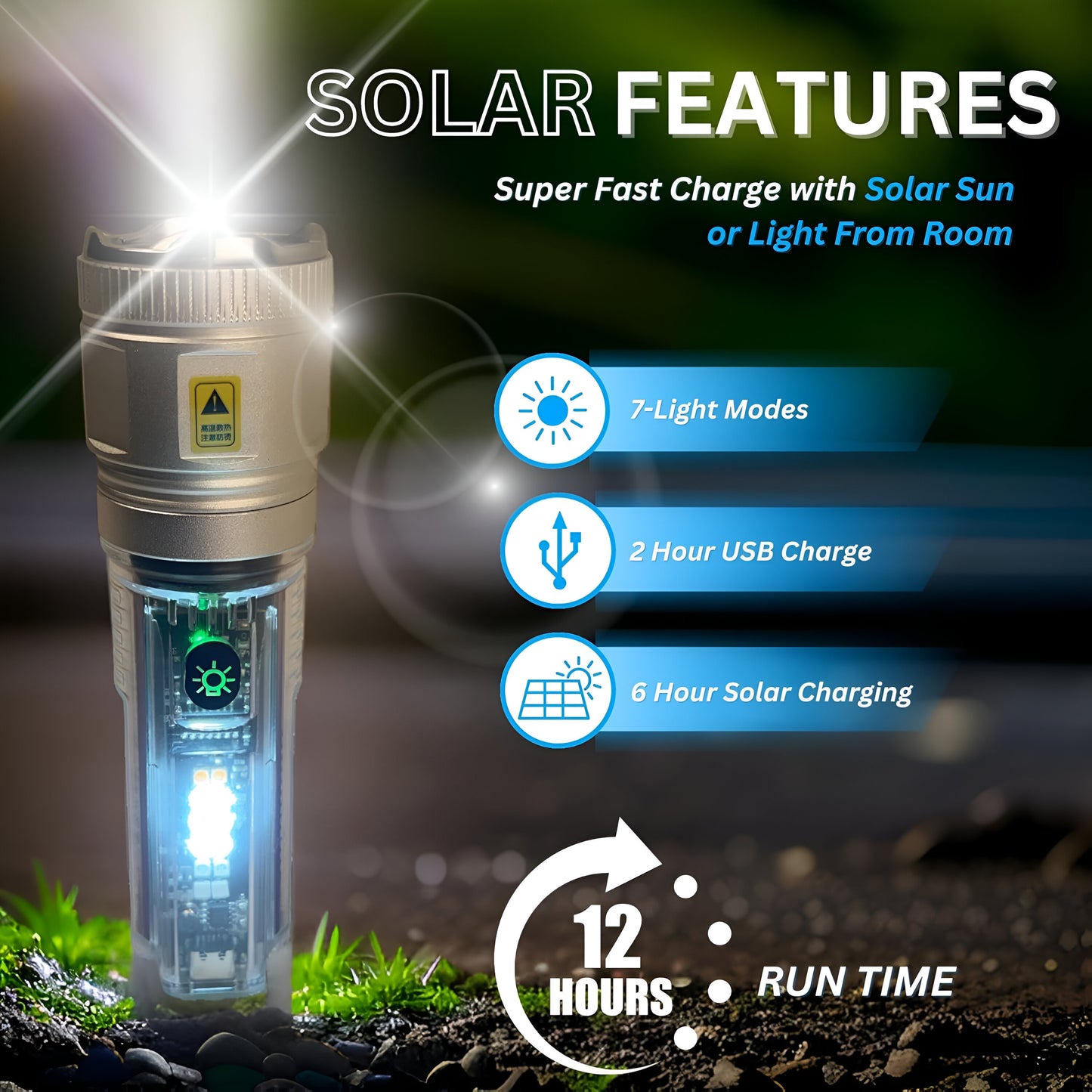 Multifunctional Zoom Flashlight | Rechargeable Zoomable Torch with 8 Modes, Solar & Type-C Fast Charging