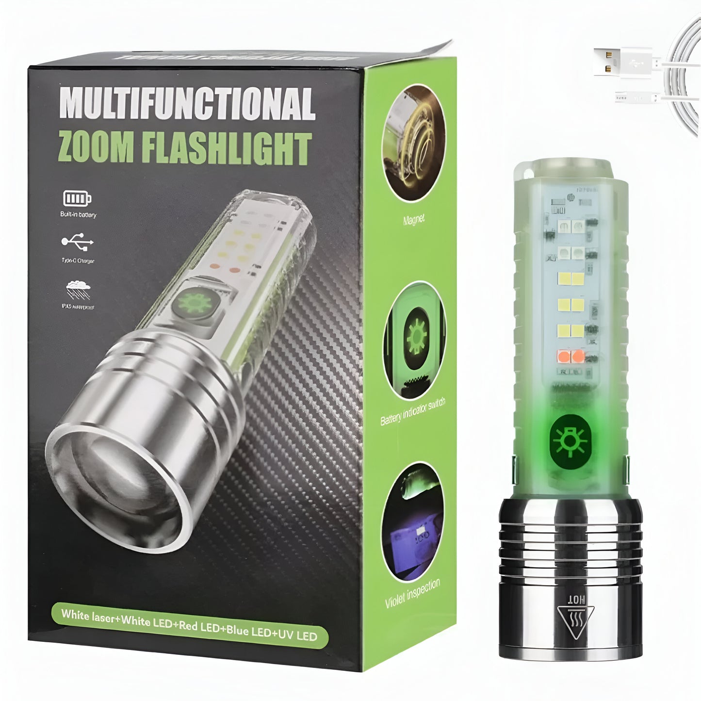 Multifunctional Zoom Flashlight | Rechargeable Zoomable Torch with 8 Modes, Solar & Type-C Fast Charging