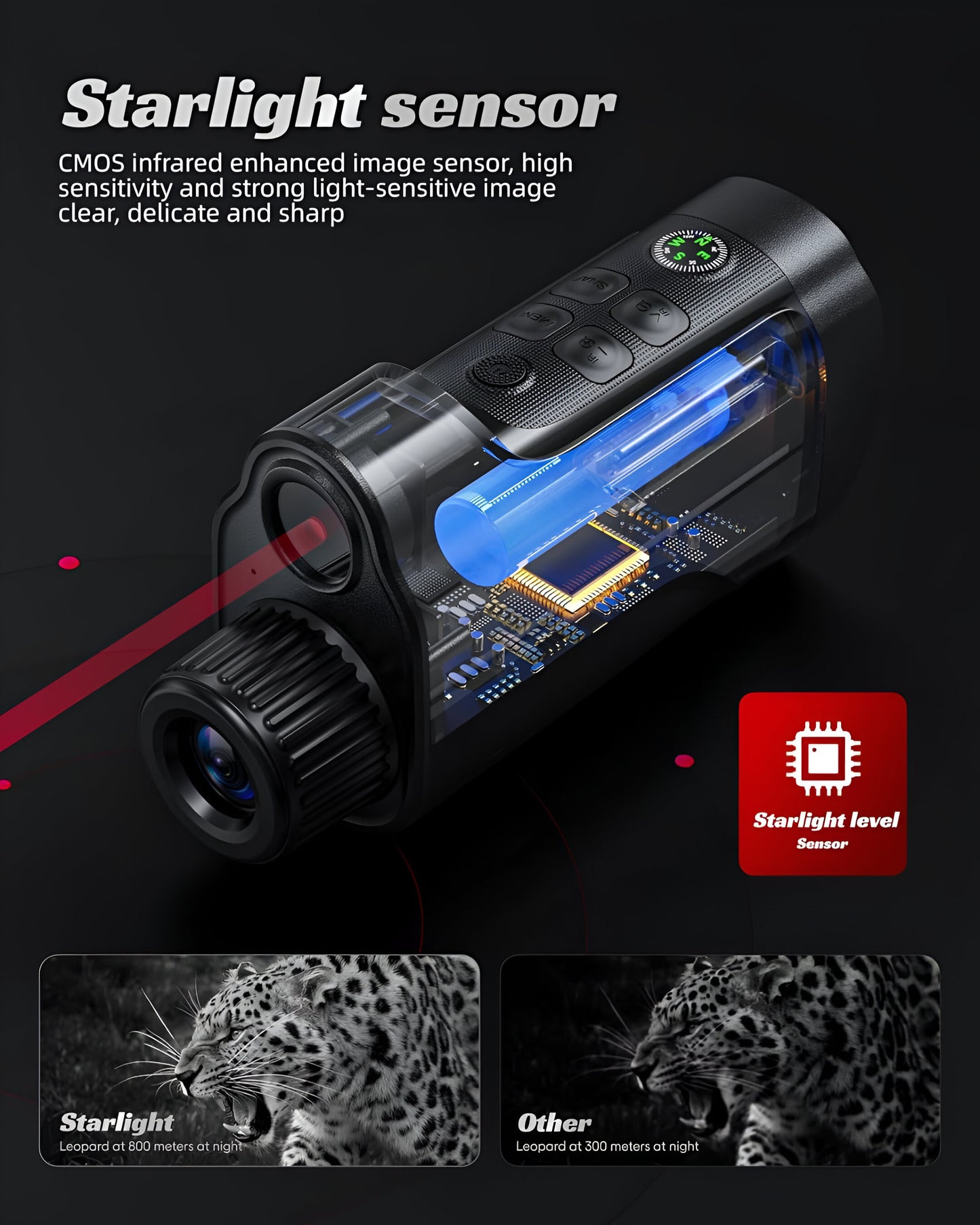 Night Vision Camera with 10x Digital Zoom & Red Dot Sight – 800M Range, Starlight Sensor, Day/Night Use, Photo & Video Capture