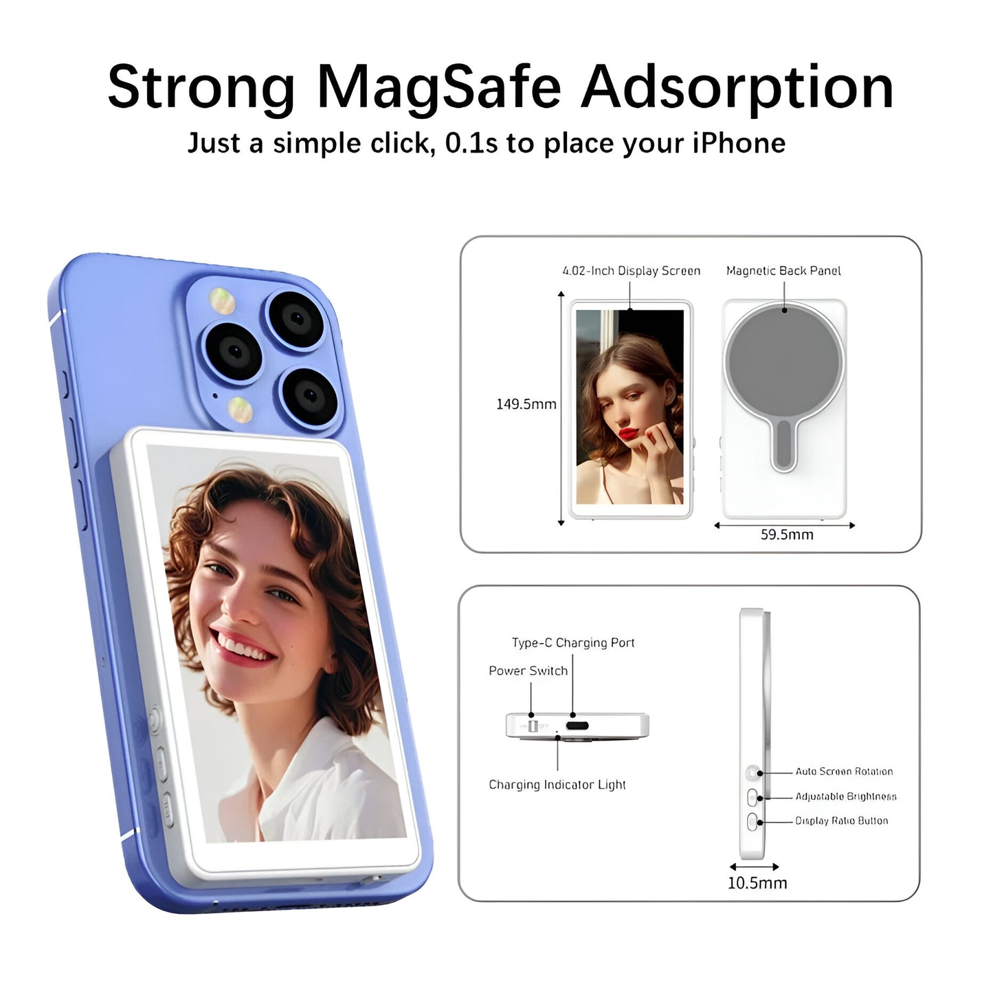 Magnetic Selfie Monitor Screen for Smartphones – Real-Time Rear Camera View for Vlogs, Selfies, and Live Streaming