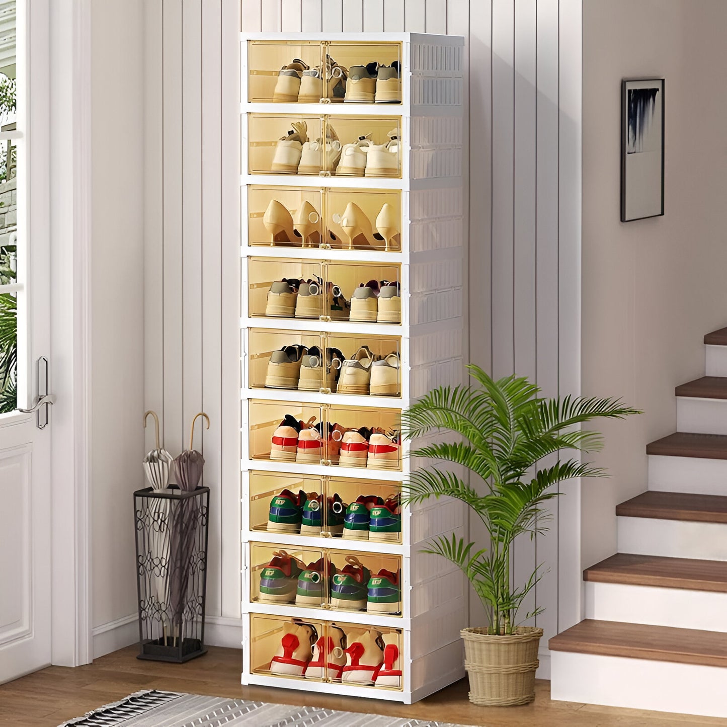 9-Tier Foldable Shoe Storage Cabinet with Magnetic Doors & Wheels – Stackable Plastic Shoe Box Organizer with Clear Lids
