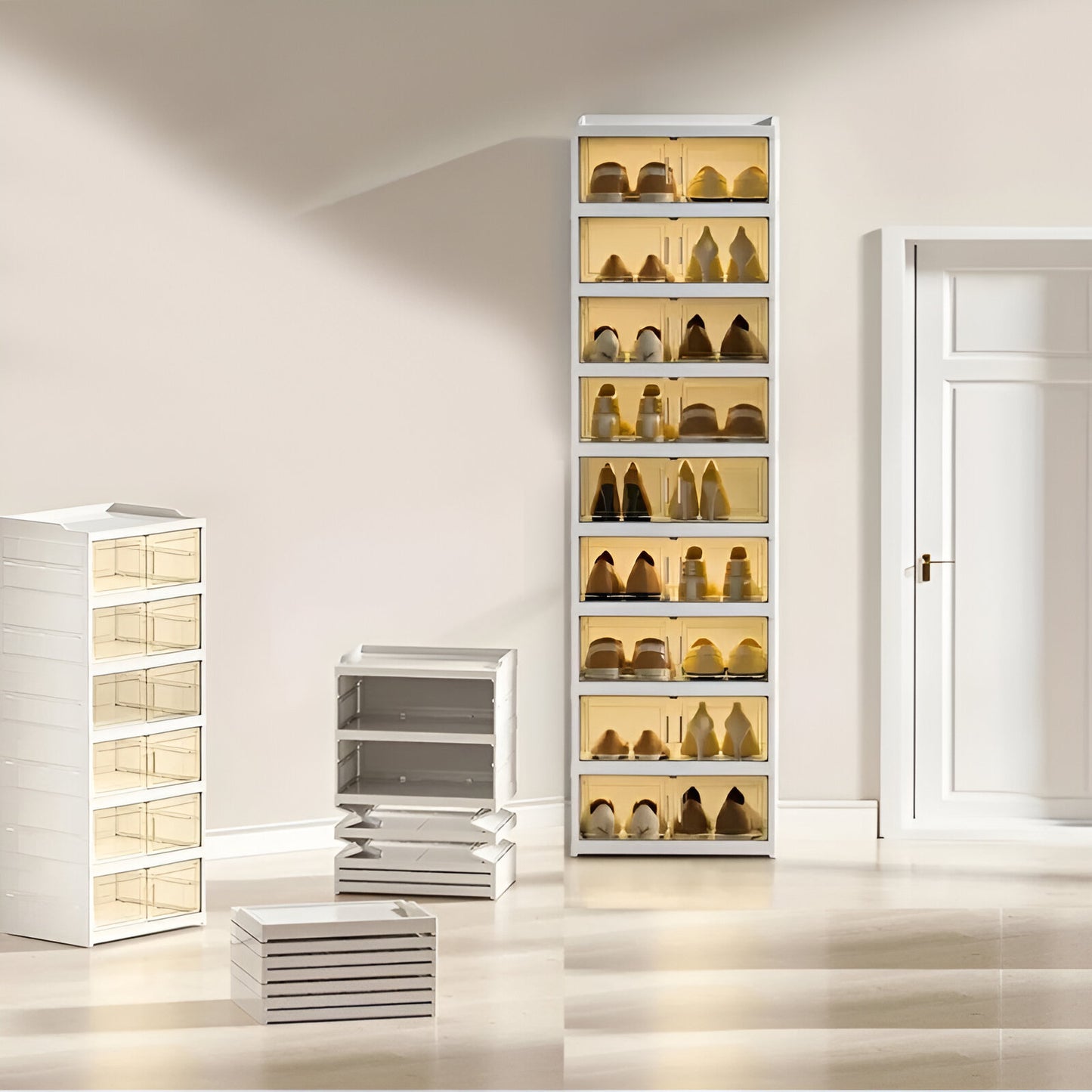 9-Tier Foldable Shoe Storage Cabinet with Magnetic Doors & Wheels – Stackable Plastic Shoe Box Organizer with Clear Lids