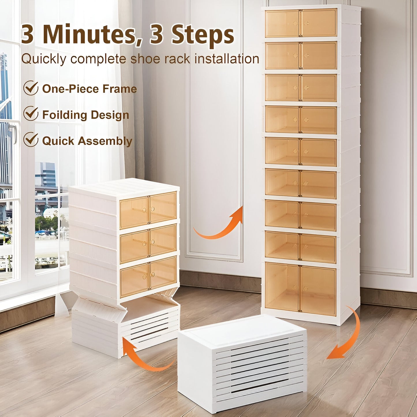 9-Tier Foldable Shoe Storage Cabinet with Magnetic Doors & Wheels – Stackable Plastic Shoe Box Organizer with Clear Lids
