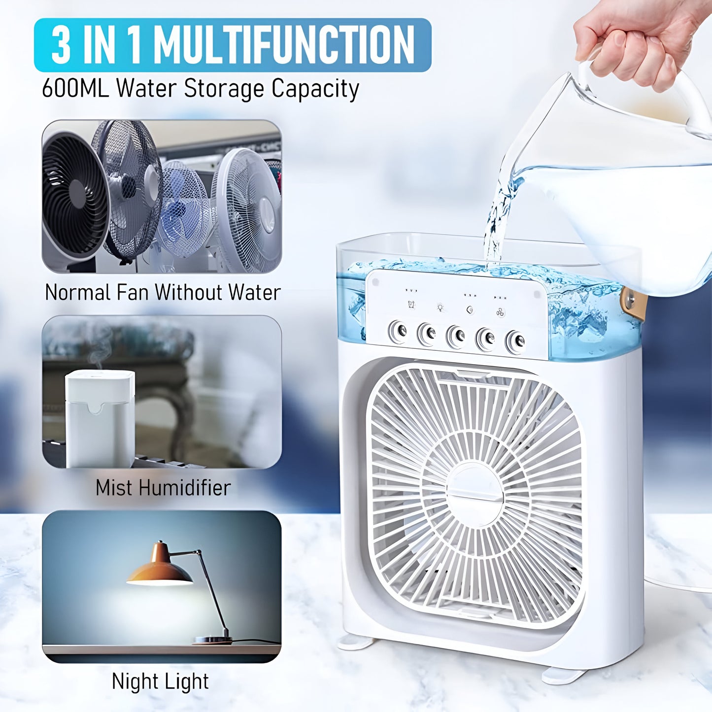 Mini Cooling Fan – Portable 3-in-1 Air Conditioner | Humidifier | LED Night Light | 600ml Tank | USB Powered