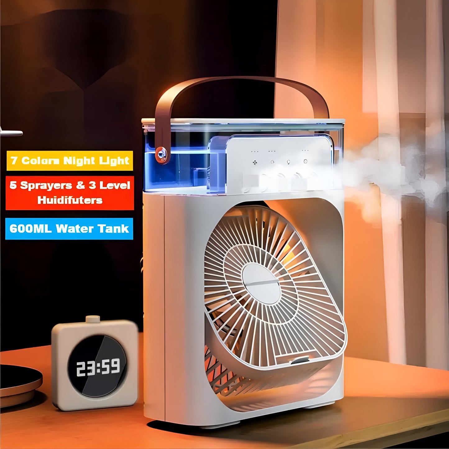 Mini Cooling Fan – Portable 3-in-1 Air Conditioner | Humidifier | LED Night Light | 600ml Tank | USB Powered