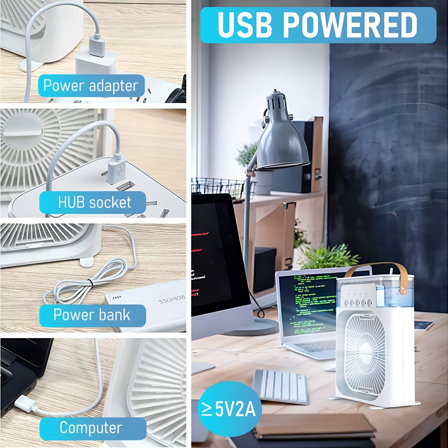 Mini Cooling Fan – Portable 3-in-1 Air Conditioner | Humidifier | LED Night Light | 600ml Tank | USB Powered