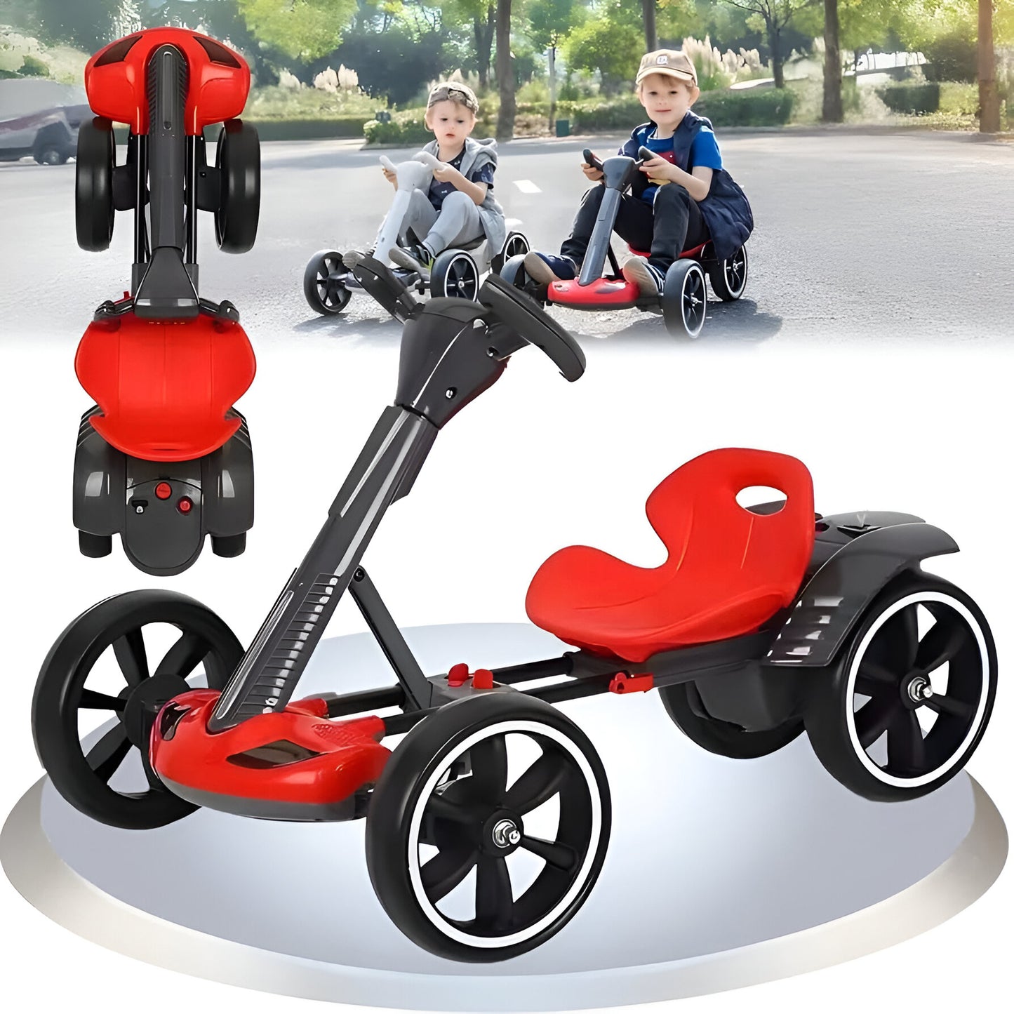 6V Foldable Electric Go Kart for Kids – Adjustable Seat, EVA Wheels, LED Lights | Ride-On Car for Boys & Girls Ages 3–8 (Red)