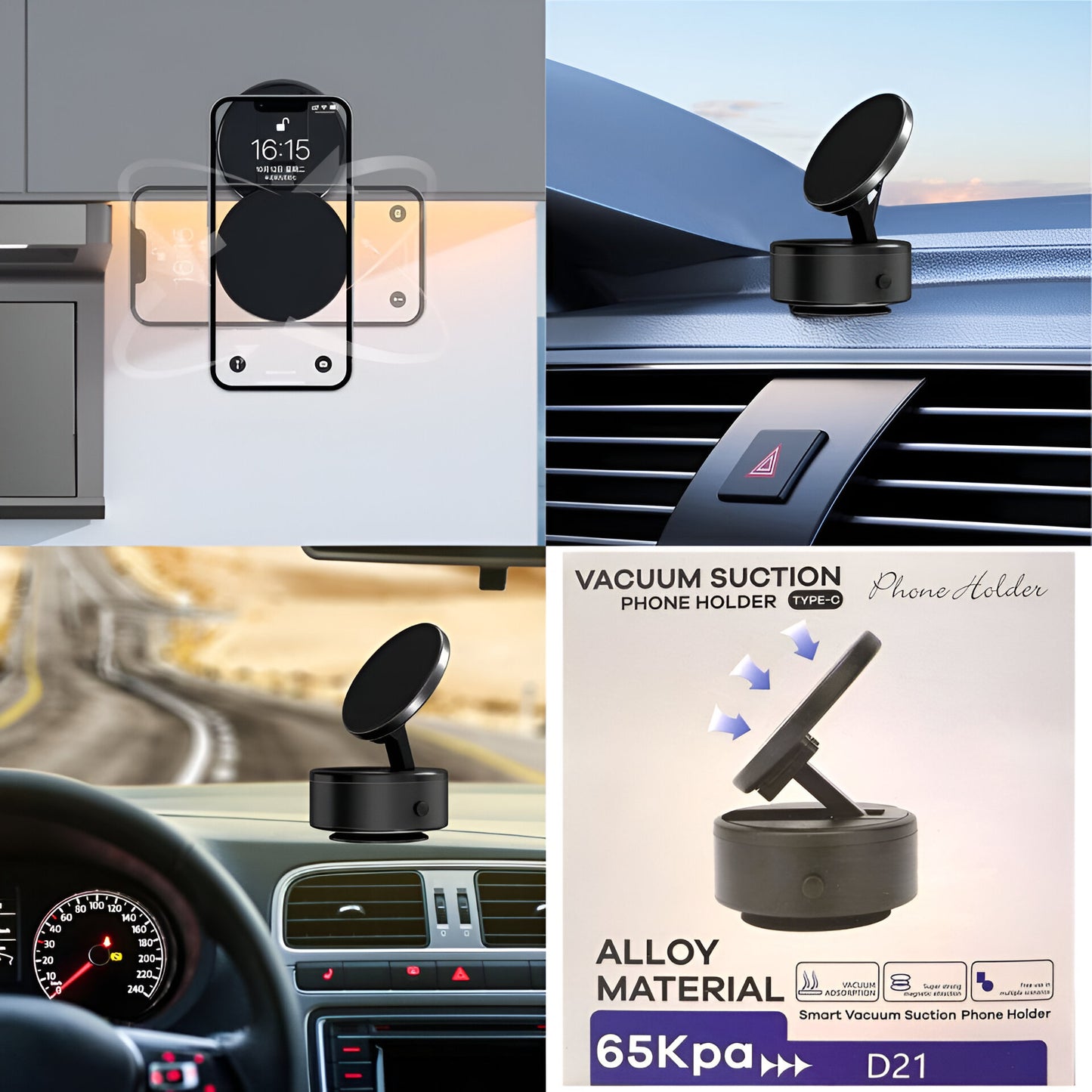 D21 Magnetic Vacuum Phone Holder – 360° Rotatable Suction Mount with Type-C Charging | 65kpa Power for Car, Glass, Mirror, Gym (Black)