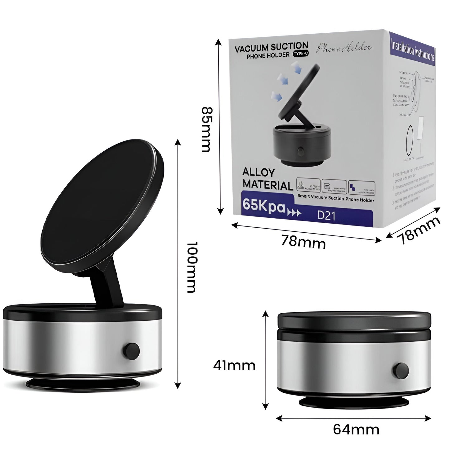 D21 Magnetic Vacuum Phone Holder – 360° Rotatable Suction Mount with Type-C Charging | 65kpa Power for Car, Glass, Mirror, Gym (Black)