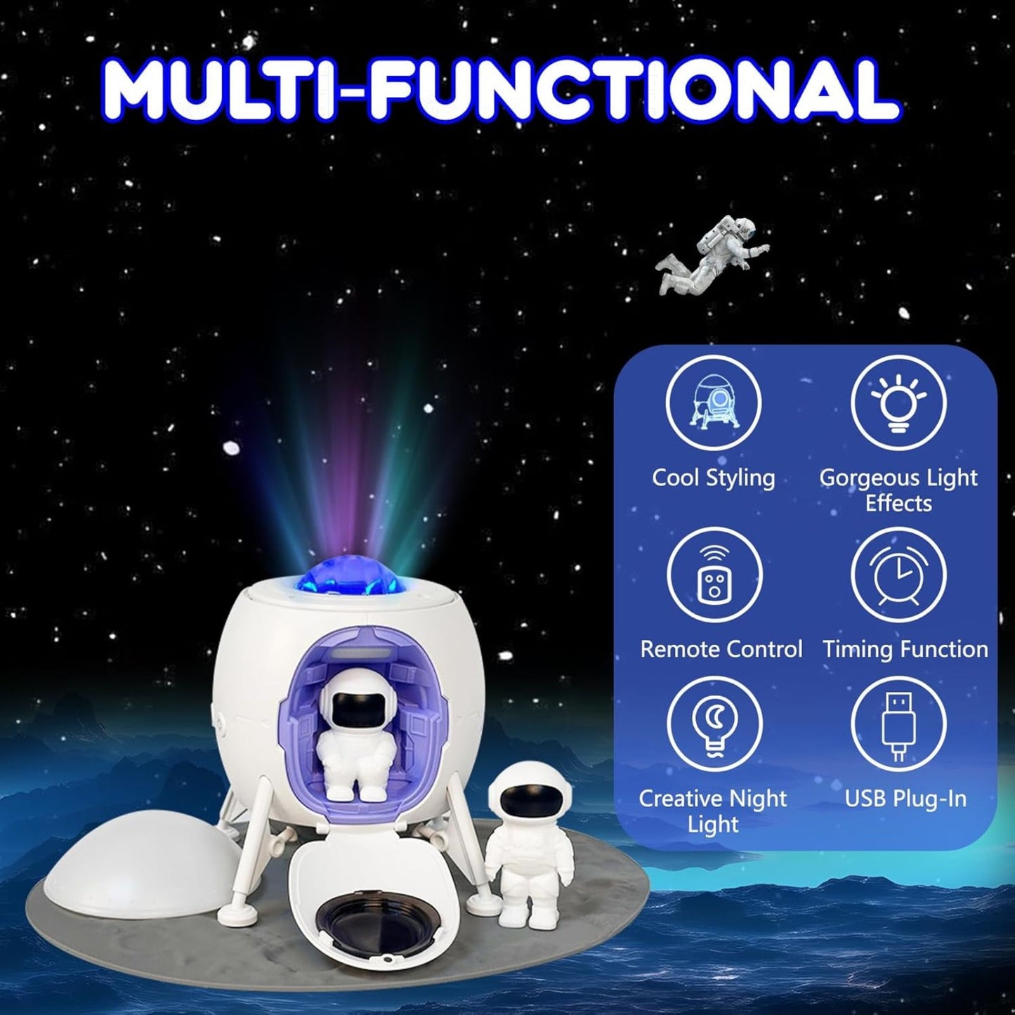 Astronaut Lander Projection Light– Galaxy Projector & Bluetooth Speaker with Astronaut Figures