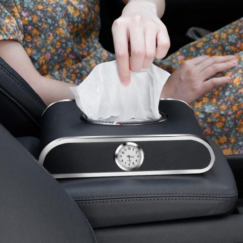 PEETTA Car Tissue Holder, Premium PU Leather Tissue Box with Clock and Parking Number Plate, Rectangular Pumping Paper Dispenser, Car Tissue Holder