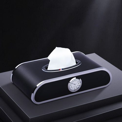 PEETTA Car Tissue Holder, Premium PU Leather Tissue Box with Clock and Parking Number Plate, Rectangular Pumping Paper Dispenser, Car Tissue Holder