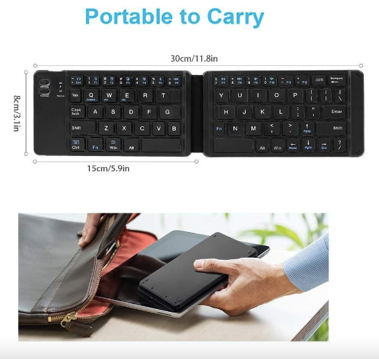 two fold rechargeable portable & folding wireless keyboard for iphone12 pro max/tablet/smartphone/smart tv/pc (android/ios/windows), Black