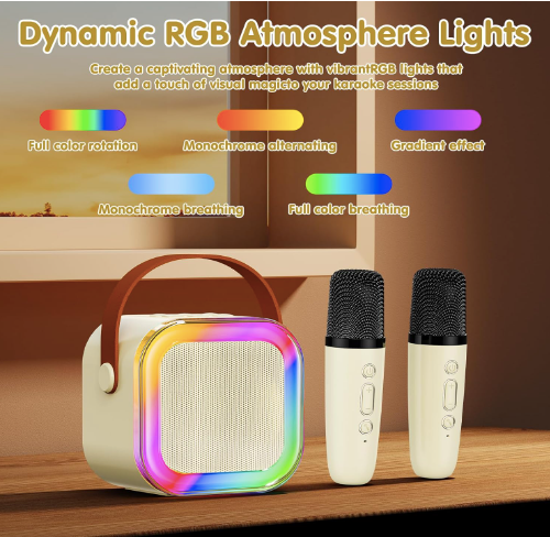 Karaoke Machine for Kids and Adults - Mini Portable Bluetooth Speaker with 2 Wireless Microphones & Colorful Lights