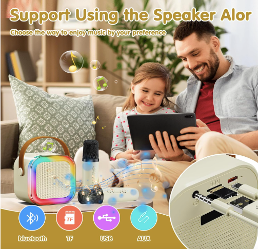 Karaoke Machine for Kids and Adults - Mini Portable Bluetooth Speaker with 2 Wireless Microphones & Colorful Lights