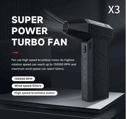 Dry Mini Blower 130,000 RPM Portable Air Blower Super Jet Fan Turbo Powered Jet Dry Blower for Car Cleaning Outdoors BBQ Camping Hair Drying (Black)